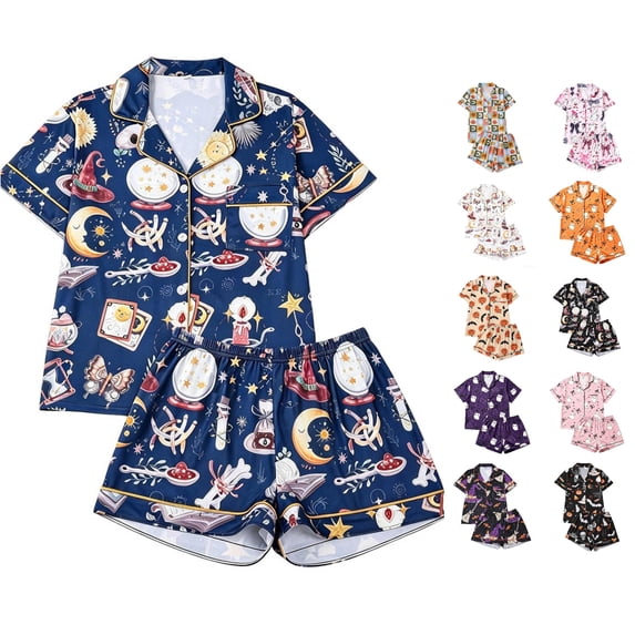 LIIPEE Womens Halloween Graphic Pajamas Short Sleeve Buttons Shirts Shorts Pajama Set Ladies Sleepwear S-XL