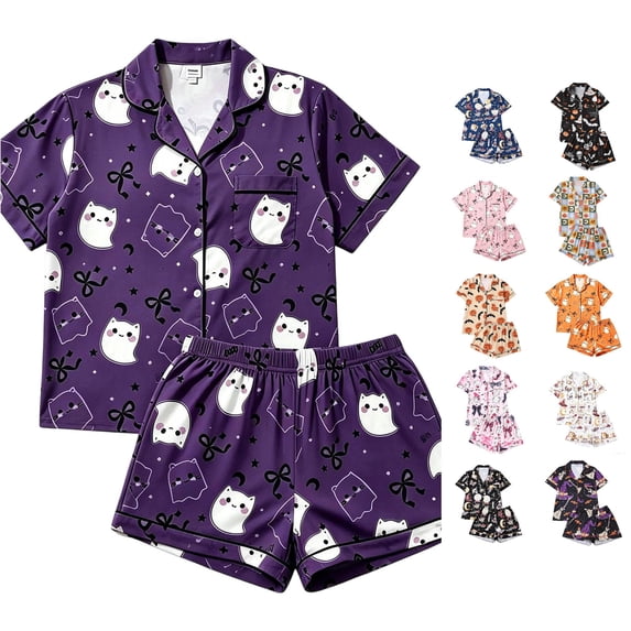 LIIPEE Womens Halloween Graphic Pajamas Short Sleeve Buttons Shirts Shorts Pajama Set Ladies Sleepwear S-XL