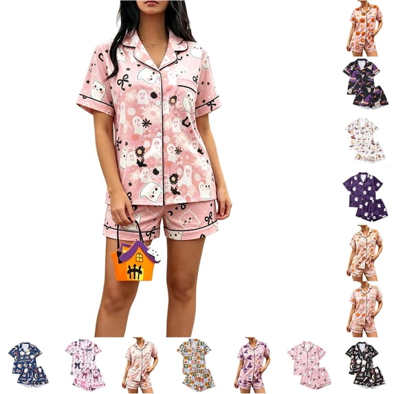 LIIPEE Womens Halloween Pajama Set 2 Piece Ladies Short Sleeve Flat Collar Button Up Shirts And Shorts Pajamas Casual Breathable Cozy Sleepwear,XL