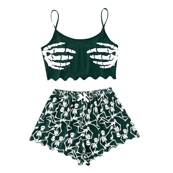 LIIPEE Womens Halloween Skeleton Graphic Pajamas Sleeveless Camisole Tops Shorts Pajama Set Ladies Sleepwear