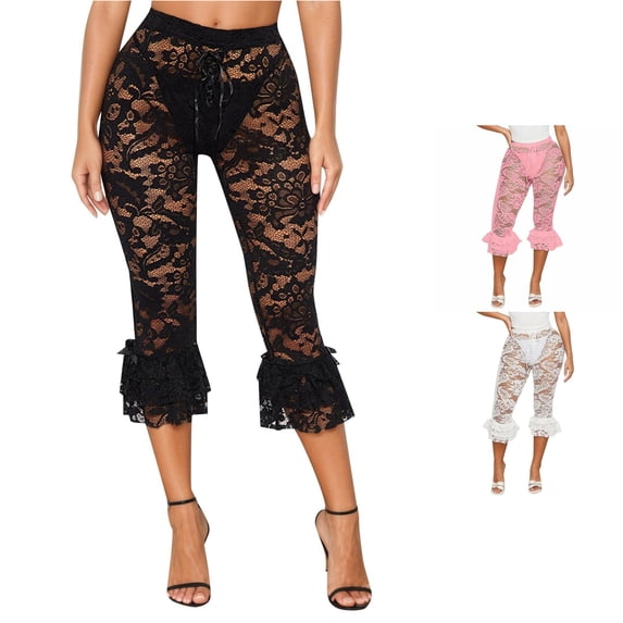 LIIPEE Womens Lace Cropped Pants Solid Color Elastic Waist Fashion Hollow Out Sheer Pants Ladies Lightweight Breathable Sexy Trousers,S