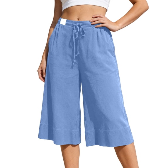 LIIPEE Womens Pants Casual Solid Color Cropped Wide-Leg Elastic Band Culottes Ladies Mid Waist Loose Soft Daily Breathable Comfortable Beach Pants,M