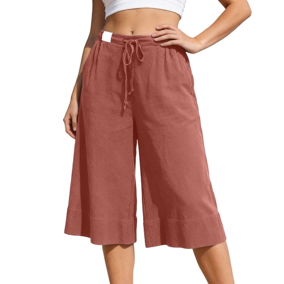LIIPEE Womens Pants Casual Solid Color Cropped Wide-Leg Elastic Band Culottes Ladies Mid Waist Loose Soft Daily Breathable Comfortable Beach Pants,S