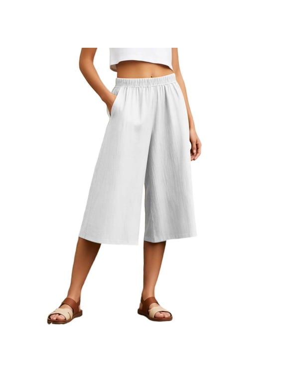Womens Pants Casual Solid Color Cropped Wide-Leg Pull-On Culottes Female Mid Elastic Waist Loose Soft Daily Breathable Comfortable Pants With Pockets,L