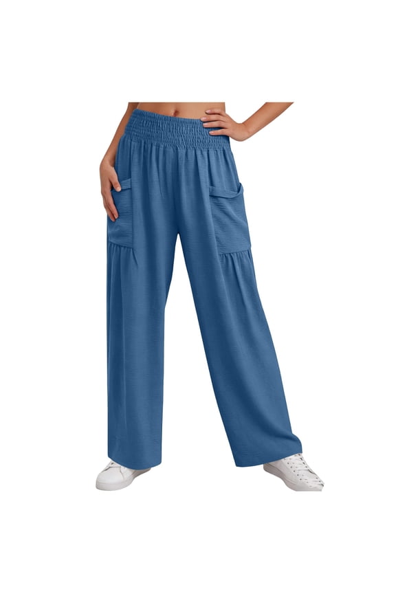 Womens Pants Casual Solid Color Full Relaxed Pull-On Pleated Female Mid Elastic Waist Loose Comfortable Breathable Soft Daily Pants With Pockets,XXL