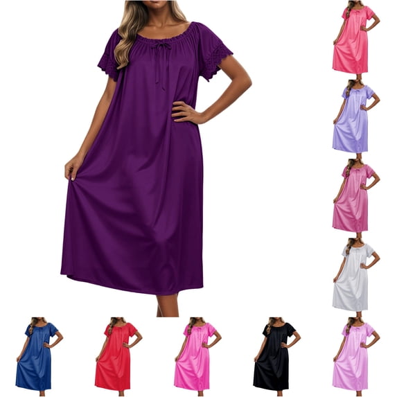 LIIPEE Womens Summer Nightgown Casual Short Sleeve Lace Sleep Dress Ladies Cozy Sleepwear