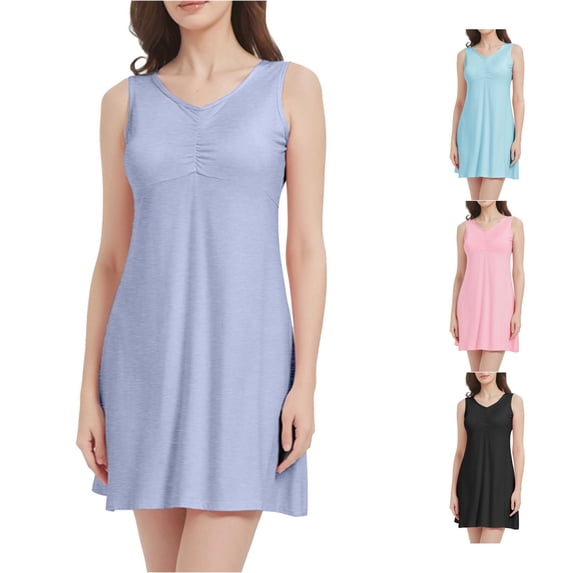 LIIPEE Womens Summer Nightgown Casual V Neck Sleep Dress With Built In Bra Ladies Cozy Sleepwear
