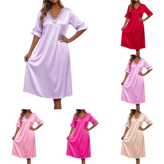 LIIPEE Womens Summer Nightgown Sexy Lace Short Sleeve V Neck Sleep Dress Ladies Cozy Sleepwear