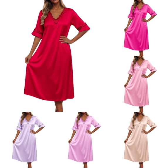 LIIPEE Womens Summer Nightgown Sexy Lace Short Sleeve V Neck Sleep Dress Ladies Cozy Sleepwear
