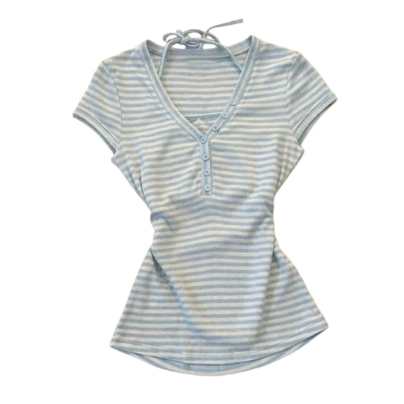 LIIPEE Womens Summer T Shirts Stripes Print V Neck Short Sleeve Basic T Shirt Ladies Casual Comfortable Everyday Tees,S