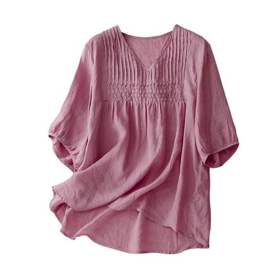 LIIPEE Womens T-Shirts Casual Solid Color V-Neck Puff Elbow-Length Peasant Ladies Summer Baggy Comfortable Breathable Soft Daily Fashion Ruched Tee Tops,M