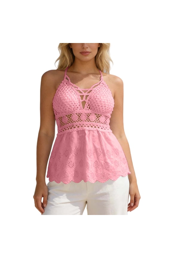 Womens Tank Tops Summer Casual Solid Color Caged Neck Sleeveless Backless Peplum Ladies Cross-Back Comfortable Breathable Soft Sexy Daily Basic Tops,M