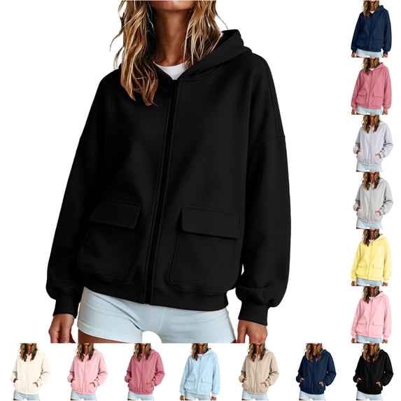 LIIPEE Zip Up Hoodies For Women Long Sleeve Solid Color Hooded Sweatshirts Ladies Fall Winter Comfortable Sweatshirt With Pockets,M