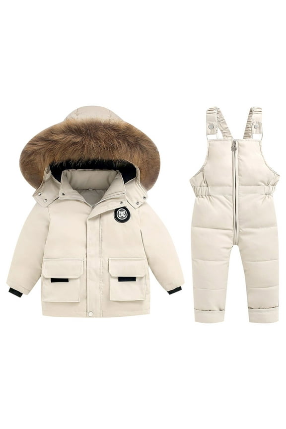 2 Piece Kids Down Jacket Set Girl Winter Hooded Puffer Jacket and Bib Pants Boy Ski Suits Thickened Outfit(White,18-24 Months)
