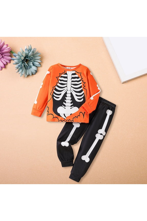Baby Boy Girl Halloween Costume Outfit Skeleton Glow-in-The-Dark Long Sleeve Sweatshirt Top Pants Set Cute Skull Toddler Sleepwear Clothes Fall Outfits
