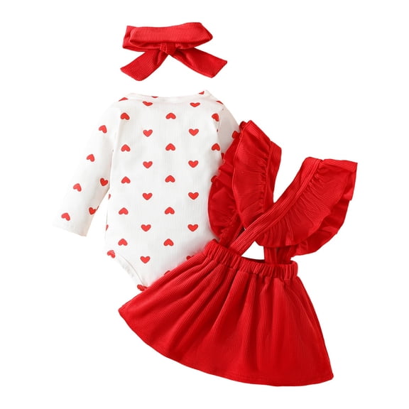LIJCC Baby Girl Valentine's 3-Piece Set - White Long-Sleeve Bodysuit (Red Heart Print)   Red Corduroy Overalls Dress (Bow Detail)   Matching Red Bow Headband