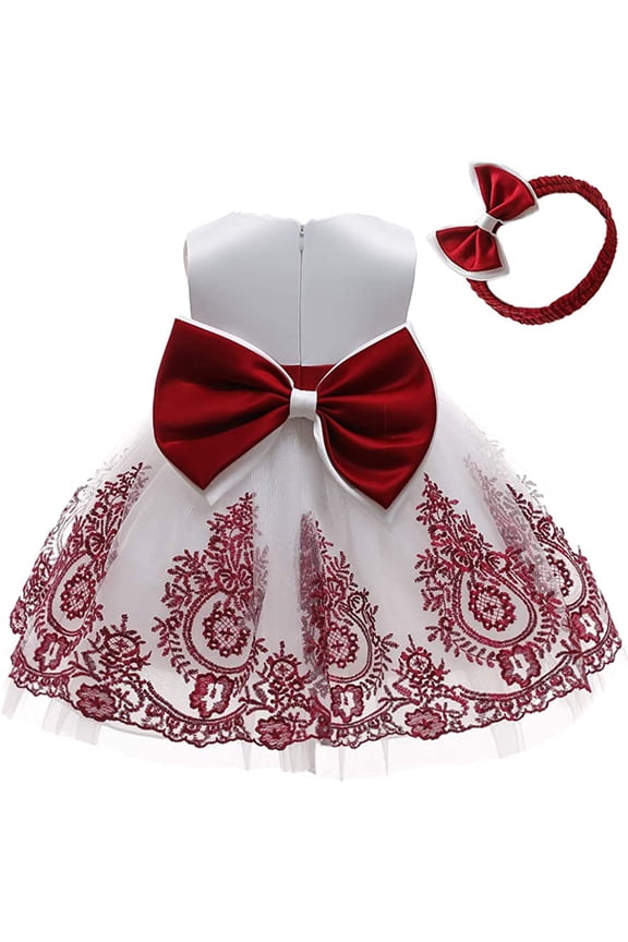 Baby Girls Pageant Lace Sequins Embroidery Dresses Christening Baptism Party Formal Dress Toddler Party Bowknot Tutu Gown Dress with Headwear