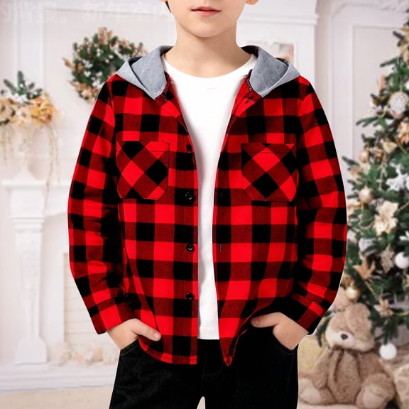 LIJCC Boy's Oversized Shacket Tops Flannel Hoodie Shirts with Hood Casual Button Down Plaid Shirt Classic Cotton Jackets Long Sleeve Stylish Hooded with Pocket