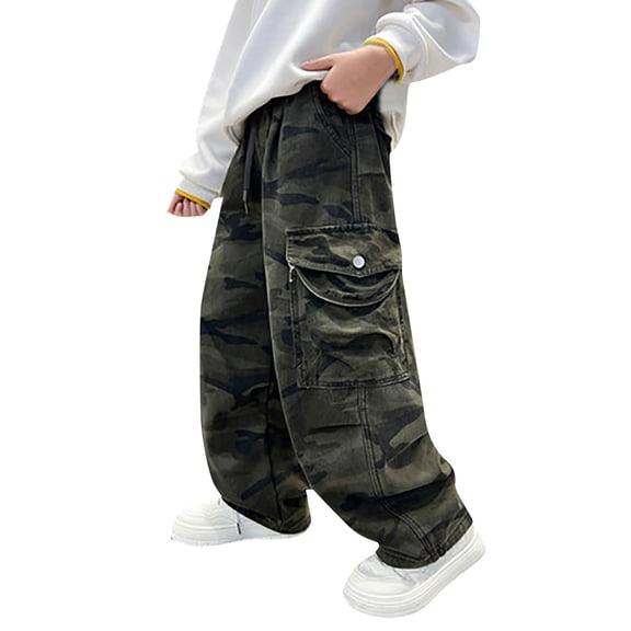 LIJCC Boys Camo Cargo Denim Pants Baggy Thick Fleece Elastic Waist Loose Fit Camouflage Wide Leg Straight Leg Jeans Streetwear Winter Retro Fashion Trousers