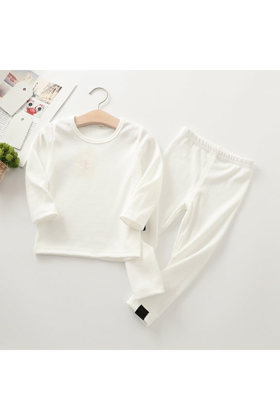 Boys Girls 2 Piece Cotton Outfits Thermal Shirt Pants Set Plain Soft Winter Warm Long Sleeve Tops Base Layer Ultra Soft Long Johns Joggers Pants Clothes