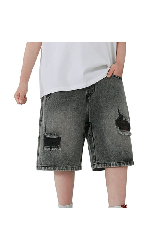 Boys Ripped Denim Shorts Teen Boys Five Point Jeans Shorts Summer Thin Casual Loose Denim Shorts(Black,8-9 Years)