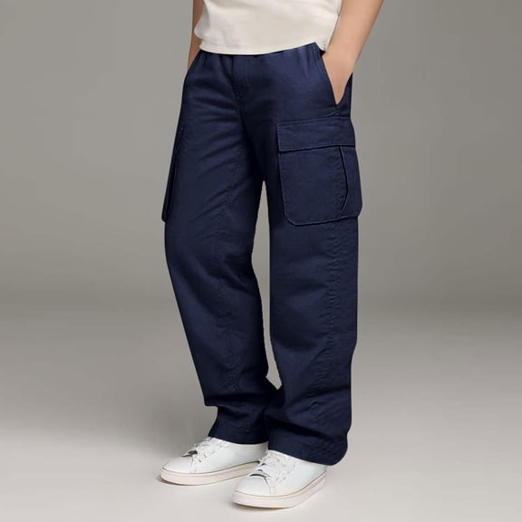 LIJCC Boys Sports Y2k High Waisted Straight Leg Relaxed Fit Cargo Pants Stretch Elastic Waist School Long Pant Twill Joggers for Kids Spring Fall Streetwear