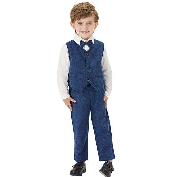 LIJCC Boys Suits Ring Bearer Outfit Toddler Suits with Long Sleeved Lapel Solid Shirt+vest+pants Sets Kids Dress Clothes(Blue,12-18 Months)