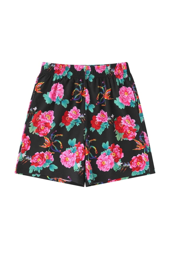 Boys Summer Shorts Colorful Chinese Flowers Point Elastic High Waist Shorts Casual Stretchy Loose Summer Shorts(Black,12-13 Years)