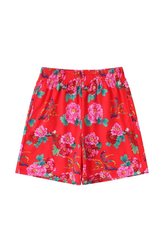Boys Summer Shorts Colorful Chinese Flowers Point Elastic High Waist Shorts Casual Stretchy Loose Summer Shorts(Red,5-6 Years)