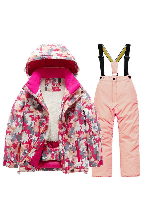Boys and Girls Winter 2 Piece Ski Suit Kids Waterproof Windproof Warm Thicken Hooded Jacket and Ski Pants Snowsuit(Pink,5-6 Years)