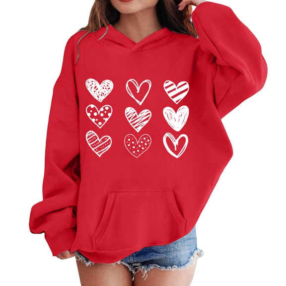 LIJCC Charming Kids Valentine’s Day Hoodie – Soft Fleece Pullover Sweatshirt with Hand-Drawn Patterned Hearts Graphic, for Valentine’s Celebrations, School Events or Daily Casual Wear