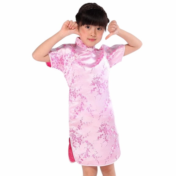 LIJCC Cheongsam Dress for Kid Girls Colorful Peony Patterns Qipao Slim Fit Short Sleeve Floral Violet Print Bodycon Mandarin Collar Side Slit Chinese Dress