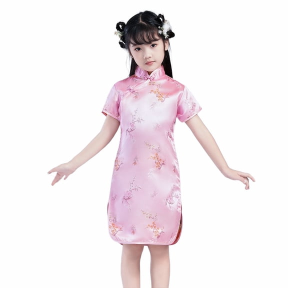 LIJCC Cheongsam Dress for Kid Girls Colorful Peony Patterns Qipao Slim Fit Short Sleeve Floral Violet Print Bodycon Mandarin Collar Side Slit Chinese Dress