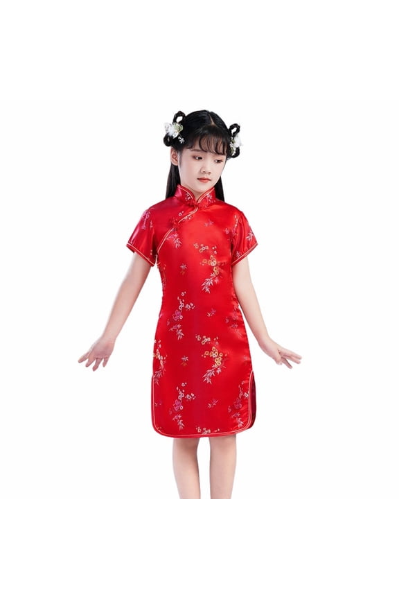 Cheongsam Dress for Kid Girls Colorful Peony Patterns Qipao Slim Fit Short Sleeve Floral Violet Print Bodycon Mandarin Collar Side Slit Chinese Dress