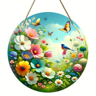 LIJCC Creative New Wooden Door Signs Spring Welcome Birdsong Floral Sign Outdoor Porch Decor Seasonal Farmhouse Wooden Wall Hanging for Front Door Rustic Indoor Wreath Decoration