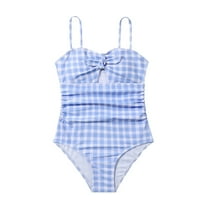 LIJCC Cute Beach Bathing Suit for Kids Girls Summer Blue Plaid One Swimsuit Beach Spa Swimwear Girls Swimwear Checker Print Ruffles Bathing Suit