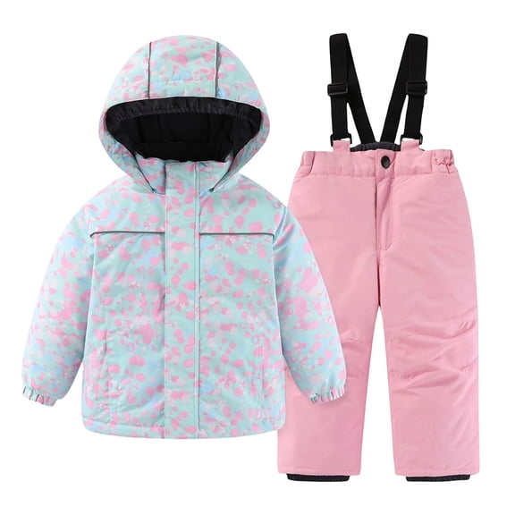 LIJCC Cute Graphic Kids Snow Suit Boys Girls Colorful Ski Suit Two Piece Set Artificial Fur Hooded Jacket & Kids Snow Bibs Pants Thickened Warm Winter Insulated Clothes