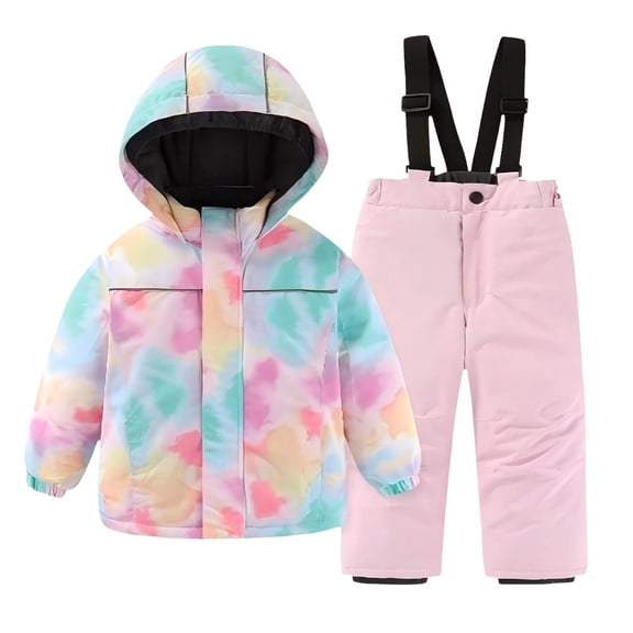 LIJCC Cute Graphic Kids Snow Suit Boys Girls Colorful Ski Suit Two Piece Set Artificial Fur Hooded Jacket & Kids Snow Bibs Pants Thickened Warm Winter Insulated Clothes