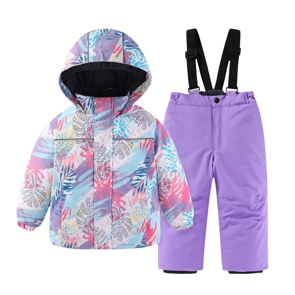 LIJCC Cute Graphic Kids Snow Suit Boys Girls Colorful Ski Suit Two Piece Set Artificial Fur Hooded Jacket & Kids Snow Bibs Pants Thickened Warm Winter Insulated Clothes