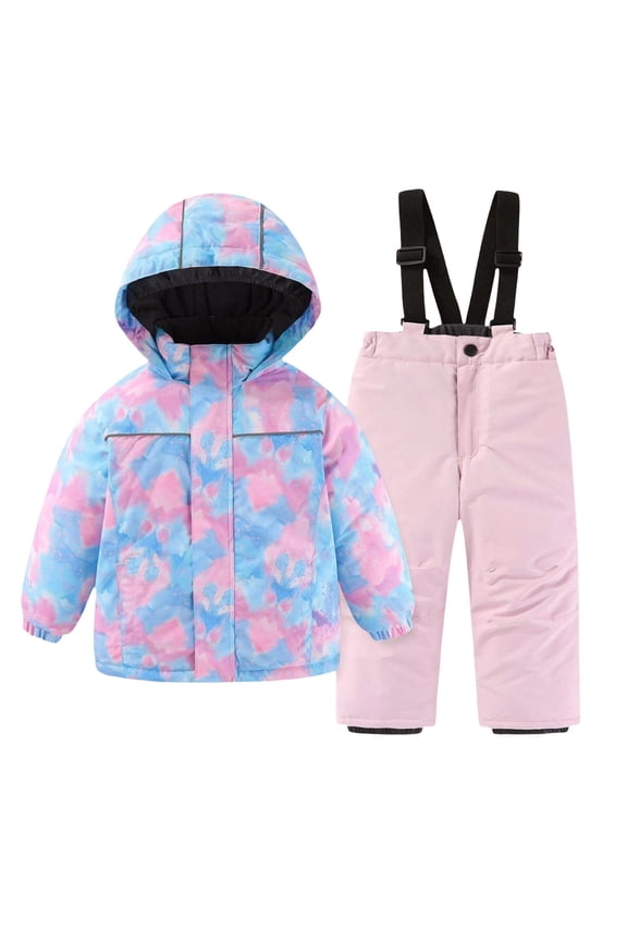 Cute Graphic Kids Snow Suit Boys Girls Colorful Ski Suit Two Piece Set Artificial Fur Hooded Jacket & Kids Snow Bibs Pants Thickened Warm Winter Insulated Clothes
