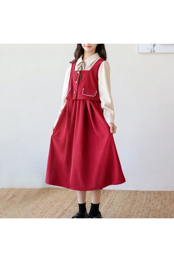 Fall Corduroy Overall Dress Trendy Casual Cute Ruffle Peter Pan Collar Long Sleeve Smocked Dresses Adjustable Strap A Line Flare Pinafore Midi Jumper Dress