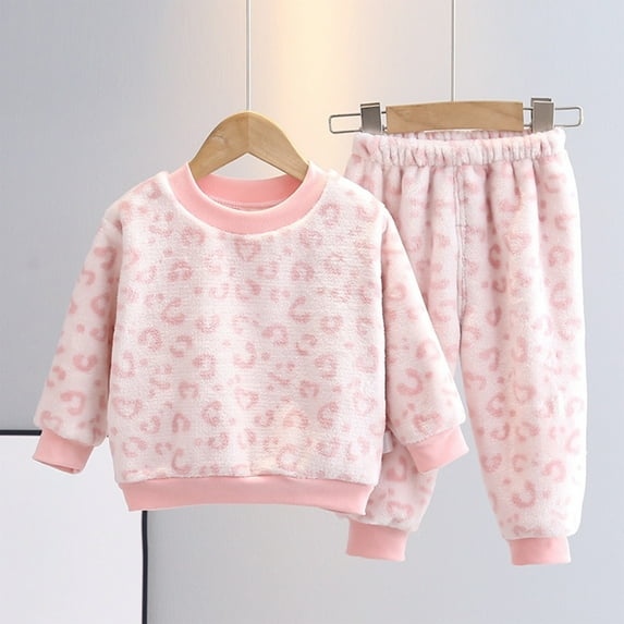 LIJCC Flannel 2 Piece Fleece Pajama Outfit Winter Cute Graphic Warm Long Sleeve Tops Pants Suit Sleepwear Baby Girls Loungewear Casual Cozy Clothes Sets