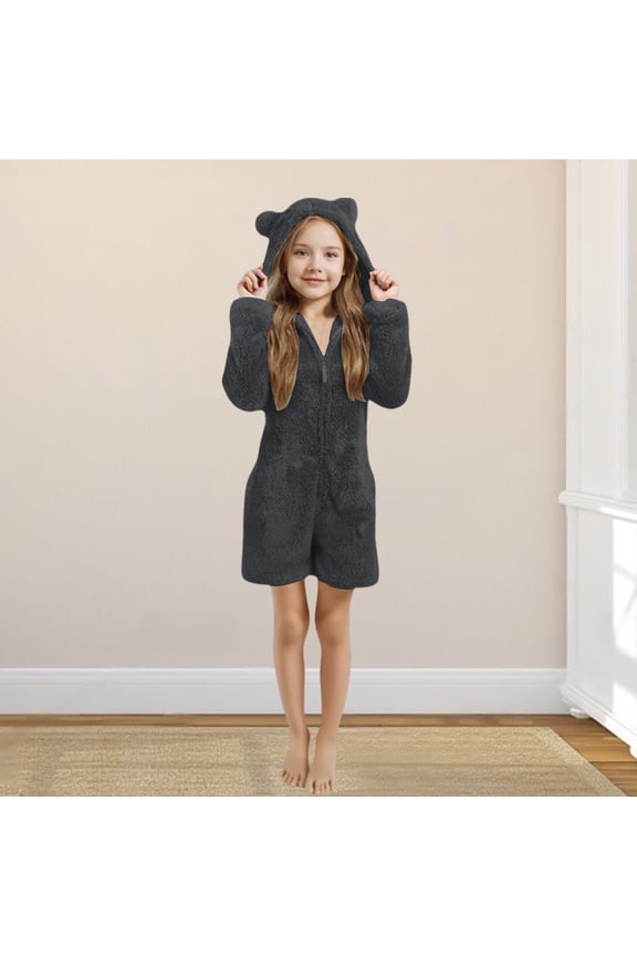 Fleece Zip Up Robes for Kids Girls Polar Fleece Jumpsuit Hooded Bear Ear Long Sleeve Hooded Front Zipper Robes Solid Furry Romper Winter Thermal Outfits