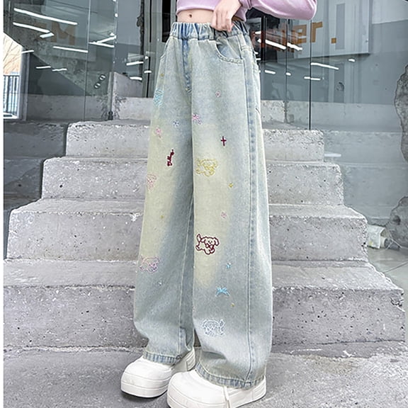 LIJCC Girl Jeans Loose Flare Fashion Cute Dog Embroidery Baggy Wide Leg Denim Trousers Retro Washed High Cut Western Pants Plain Stretchy Waist Fall Clothes