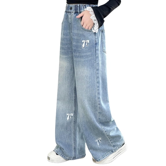 LIJCC Girl's Baggy Jeans Cute Bow Pattern Jeans Elastic Waist Wide Leg High Waisted Loose Y2k Vintage Y2k Streetwear Aesthetic Teen Clothes Denim Pants