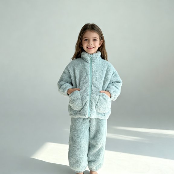 LIJCC Girls 2 Piece Outfits Fleece Jacket Fuzzy Long Sleeve Full Zip Sherpa Faux Fur Fall Winter Sweatshirt and Sweatpant with Pockets Sherpa Jackets Kids Outwear