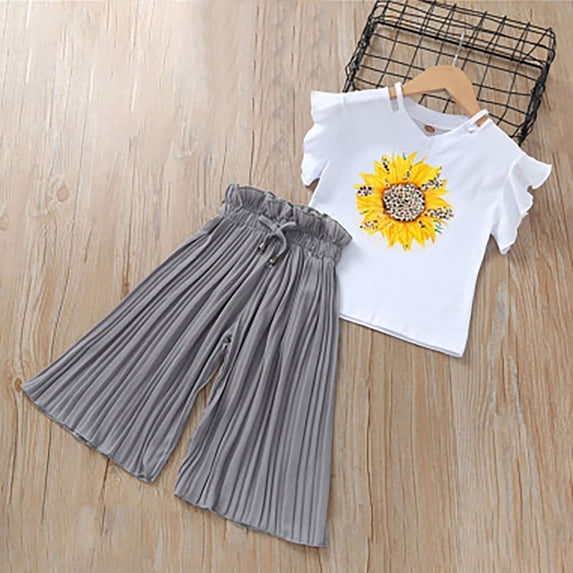 LIJCC Girls 2 Piece Outfits Ruffle Flying Sleeve Tops T-Shirt Pleated Flowy Wide Leg Pants Set Funny Graphic Clothes for Teen Girls Summer Outfits (7-8 Years, Grey)