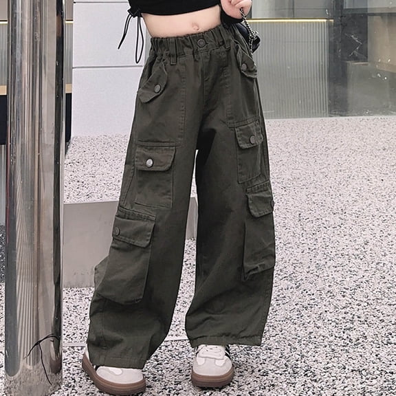 LIJCC Girls Baggy Straight Cargo Pants Multi-Pocket Vintage Streetwear Hip Hop Trousers Solid Color Wide Leg Trendy Cool Elastic Girls Ski Joggers