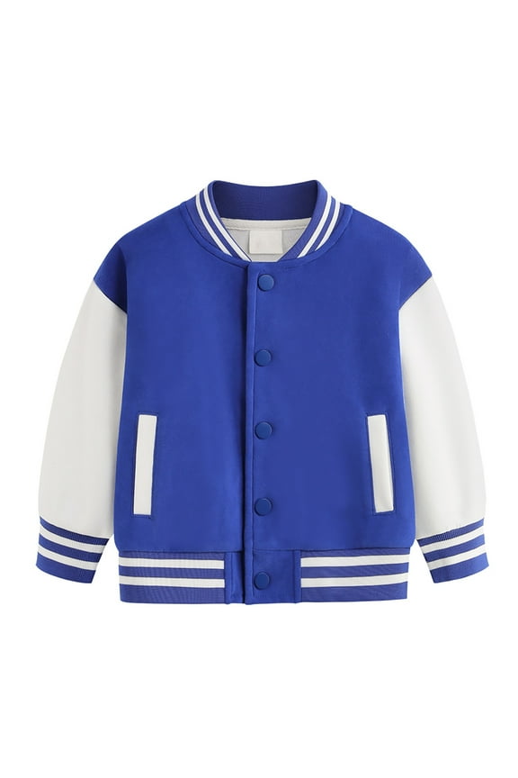 Girls Boys Baseball Jacket Button Bomber Jackets Sweatshirt Baseball Clothes Color Blocking Casual Coat with Pockets(Blue,7-8 Years)
