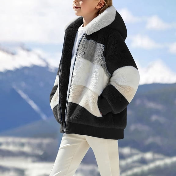 LIJCC Girls Boys Sherpa Hoodie Lined Jacket Shaggy Warm Winter Outerwear New Rcontrasting Lamb Wool Padded Coat Faux Fur Shearling Fleece Zip Shacket